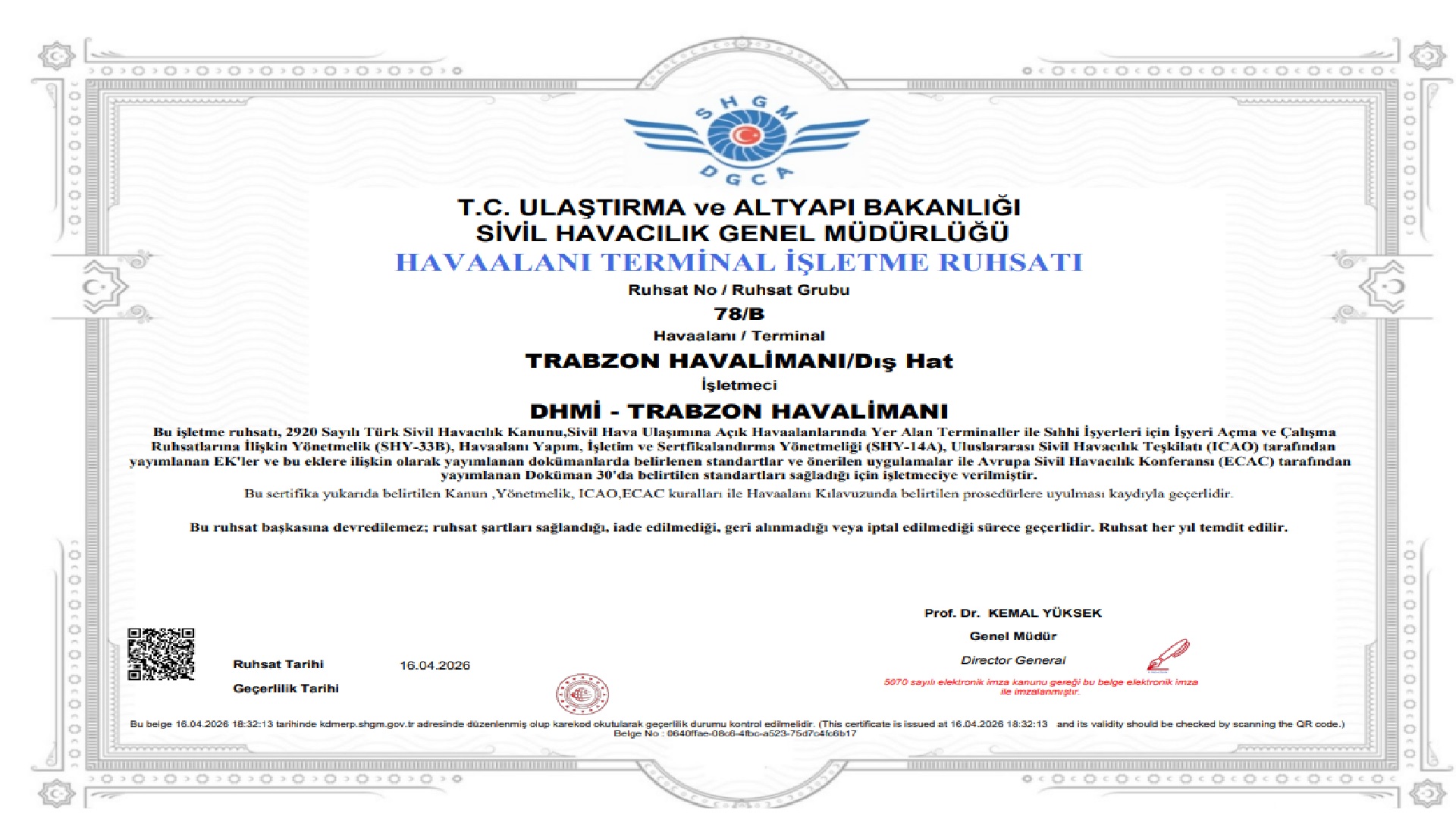 Trabzon Havalimanı İç ve Dış Hatlar Terminalleri Ruhsatlandırıldı.